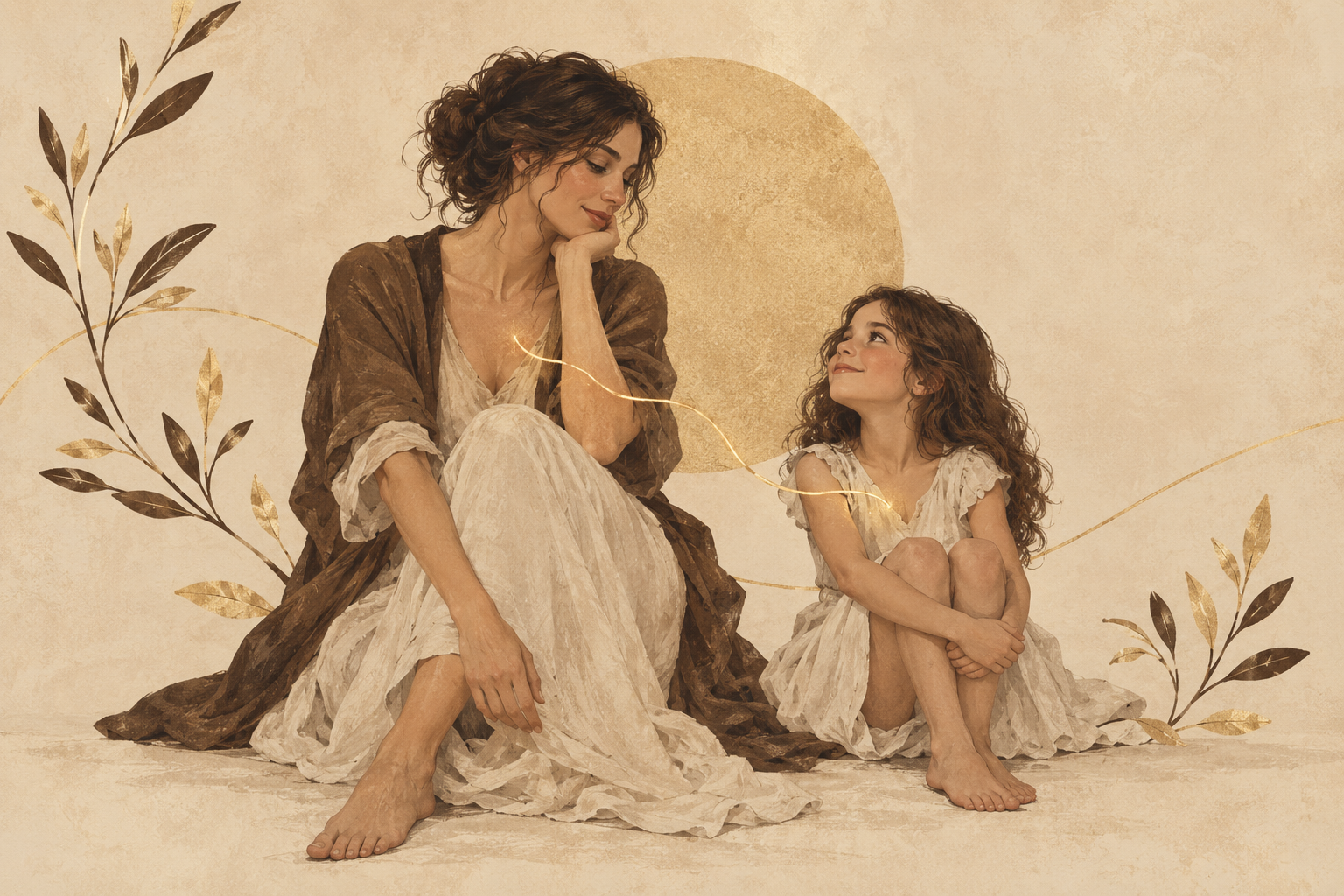 Ilustración cálida de una mujer y una niña unidas por un hilo dorado